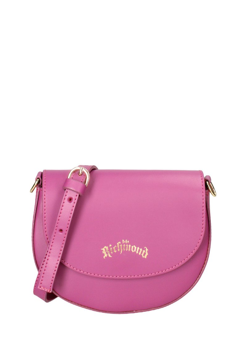 Borsa a tracolla in pelle rosa con forma curva, hardware in oro e logo stampato "Richmond" sul fronte. Inclusa tracolla regolabile.