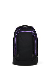 Black backpack with purple zippers and trim, multiple compartments, and a top handle, standing upright on a white background.