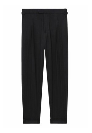 Pantaloni neri a righe sottili con frontale plissettato, realizzati in tessuto testurizzato, con gamba affusolata e orli a maniche.
