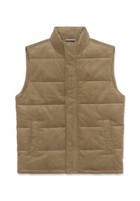 Braune samtartige ärmellose Weste mit hohem Kragen, die über gesteppte Abschnitte und zwei Seitentaschen verfügt. Klassisches Design mit einem strukturierten Stoff.