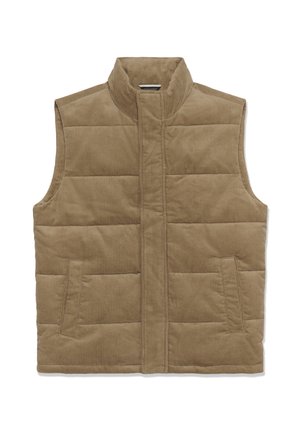 Rjav kordurov brezrokavnik z visokim ovratnikom, ki vsebuje prešite dele in dve stranski žepi. Klasičen dizajn z teksturirano tkanino.