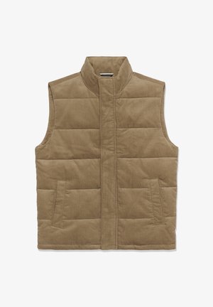 Gilet sans manches en velours côtelé brun avec un col haut, comportant des sections matelassées et deux poches latérales. Design classique avec un tissu texturé.