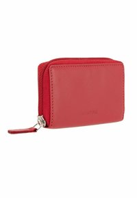 Portefeuille en cuir rouge avec fermeture éclair, présentant une texture lisse et une forme rectangulaire. Logo Maitre embossé d'un côté.
