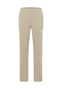 Beige broek met een elastische tailleband, zachte textuur, recht ontwerp en manchet die bij de enkel gatheren. Kleine logo-detail aan de zijkant.