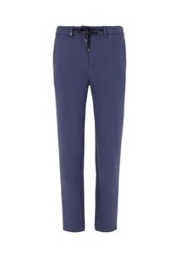 Pantaloni della tuta blu navy realizzati in tessuto morbido, con vita regolabile tramite cordino, gambe affusolate e tasche laterali. Tessuto liscio, senza motivi visibili.