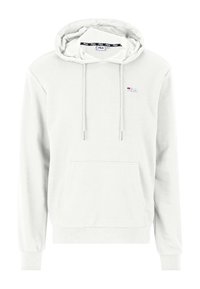 Felpa bianca con cappuccio, tasca frontale, cordoncini regolabili, polsini a coste e un piccolo logo ricamato sul petto. Texture del tessuto morbida.