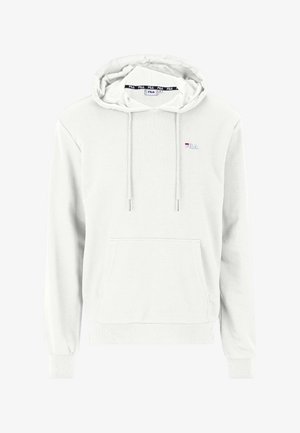Felpa bianca con cappuccio, tasca frontale, cordoncini regolabili, polsini a coste e un piccolo logo ricamato sul petto. Texture del tessuto morbida.