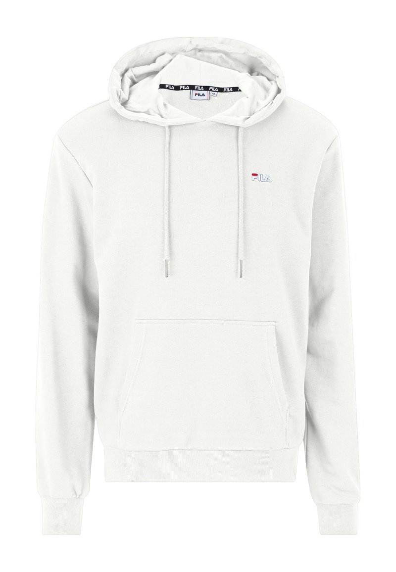 Felpa bianca con cappuccio, tasca frontale, cordoncini regolabili, polsini a coste e un piccolo logo ricamato sul petto. Texture del tessuto morbida.