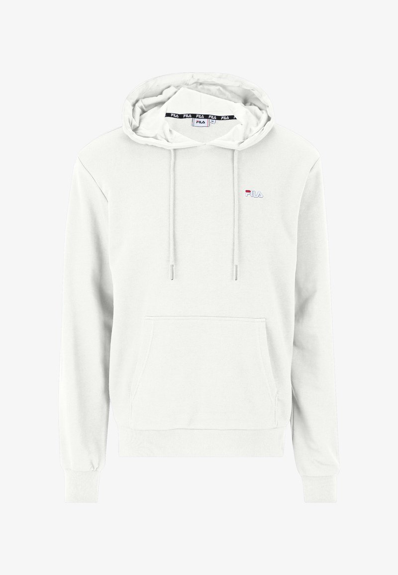 Felpa bianca con cappuccio, tasca frontale, cordoncini regolabili, polsini a coste e un piccolo logo ricamato sul petto. Texture del tessuto morbida.