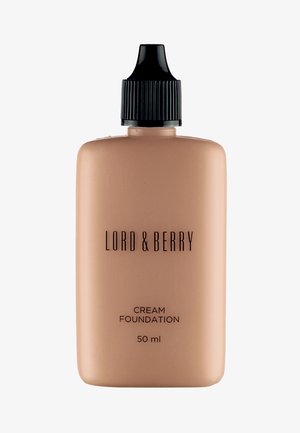 Flacon rectangulaire beige de fond de teint crème Lord & Berry avec bouchon à vis noir, étiqueté 50 ml.