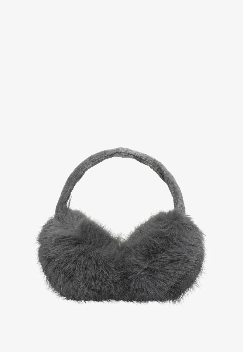 Cuffie in pelliccia sintetica grigia con fascia imbottita in tessuto. Presentano sezioni arrotondate in pelliccia per calore e comfort.