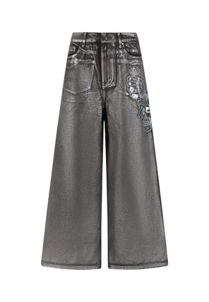 Gray, wide-leg denim pants featuring a shiny texture, front pockets, and decorative butterfly graphic on side. Distressed details are present.