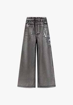Gray, wide-leg denim pants featuring a shiny texture, front pockets, and decorative butterfly graphic on side. Distressed details are present.