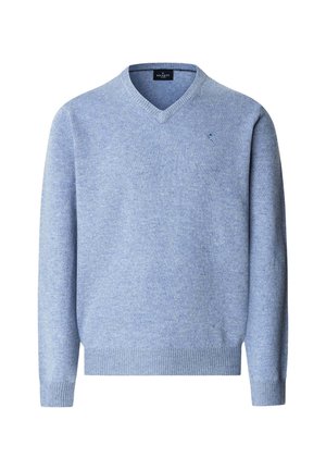 Lys blå V-hals sweater lavet af fint strikstof. Har ribbede manchetter og kant, med en lille logo detalje på brystet.