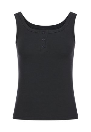 Sort ribbet tanktop med brede skulderstropper og en front plade med tre små knapper.