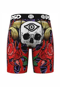 Piros alapú boxer alsónadrág grafikai nyomattal, amely koponyát, rózsákat és szarvakat ábrázol, fekete derékszíjjal, amelyen logó részlet található.