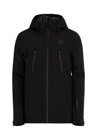 Zwarte winterjas met capuchon, voorzien van een ritssluiting aan de voorkant, twee borstzakken met rits en lange mouwen, ontworpen voor koud weer.