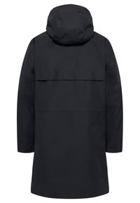 Parka nera impermeabile con cappuccio, vestibilità dritta e maniche lunghe. Presenta una tasca posteriore orizzontale e una texture liscia e opaca.