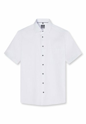 Weißes kurzärmeliges Hemd mit schwarzen Knöpfen, einer Brusttasche und klassischem Kragen, dargestellt auf weißem Hintergrund.