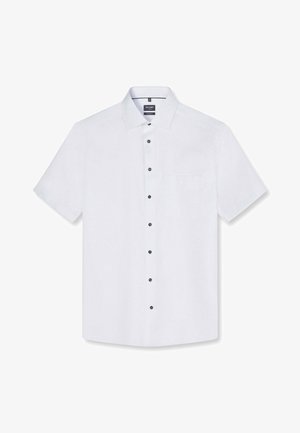 Weißes kurzärmeliges Hemd mit schwarzen Knöpfen, einer Brusttasche und klassischem Kragen, dargestellt auf weißem Hintergrund.