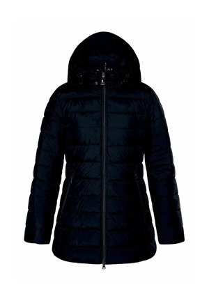 Black quilted puffer jacket with hood, full front zipper, and zippered side pockets, designed for cold weather.
