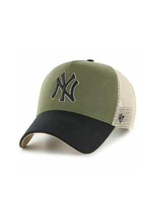 Casquette de baseball avec devant vert olive, visière noire incurvée, dos en mesh beige, et logo "NY" noir brodé sur le panneau avant.