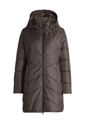 Langer, dunkelbrauner Puffer-Mantel mit Reißverschluss vorne, Kapuze und Chevron-Steppmuster. Verfügt über Seitentaschen und ein strukturiertes Innenfutter.