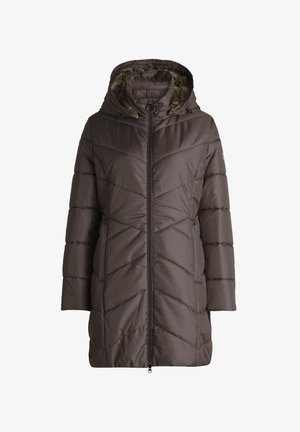Long, dark brown puffer coat with a zip front, hood, and chevron stitch pattern. Features side pockets and a textured inner lining.