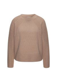 Beige gestrickter Pullover mit rundem Halsausschnitt, Raglanärmeln und strukturierten Mustern auf Schultern und Seiten. Weicher, leicht lockerer Schnitt.