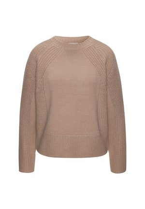 Beige gestrickter Pullover mit rundem Halsausschnitt, Raglanärmeln und strukturierten Mustern auf Schultern und Seiten. Weicher, leicht lockerer Schnitt.