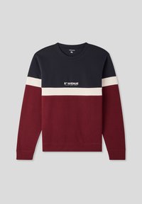Felpa girocollo con blocchi di colore blu navy, bianco e bordeaux, con testo "5th Avenue Upper East Side" sul petto, etichetta di taglia XL all'interno.