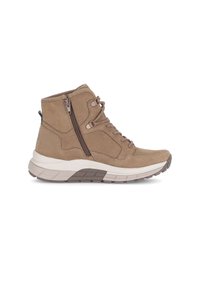 Stivaletti alla caviglia in suede color sabbia con una finitura texturizzata, dotati di una cerniera laterale, lacci e una suola bianca imbottita.