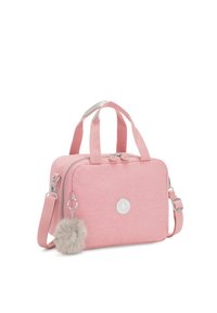 Borsa rettangolare rosa in tessuto testurizzato con doppio manico, tracolla rimovibile, accessori in argento e un accento in pom-pom di pelliccia.