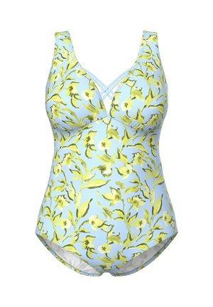 Květinové jednodílné plavky s světle modrým pozadím a zelenými a žlutými květinovými vzory. Široké ramínka a zkřížený přední detail.