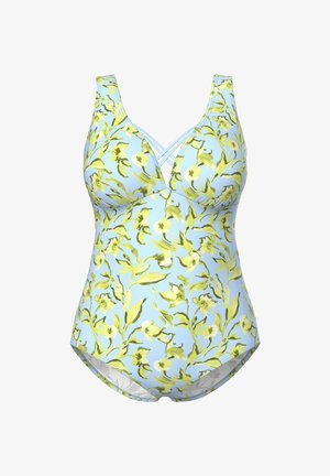 Květinové jednodílné plavky s světle modrým pozadím a zelenými a žlutými květinovými vzory. Široké ramínka a zkřížený přední detail.