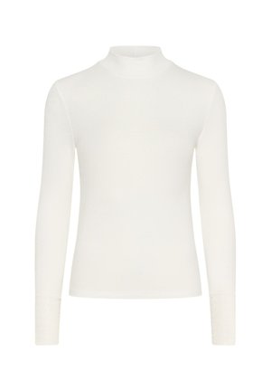 Culoare albă, bluză cu mânecă lungă și guler înalt, cu o textură cu nervuri și detalii din dantelă la capătul mânecilor. Fabricată dintr-un material elastic.