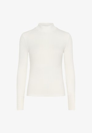 Top à col roulé blanc à manches longues avec une texture côtelée et un détail en dentelle au bout des manches. Fabriqué dans un matériau extensible.