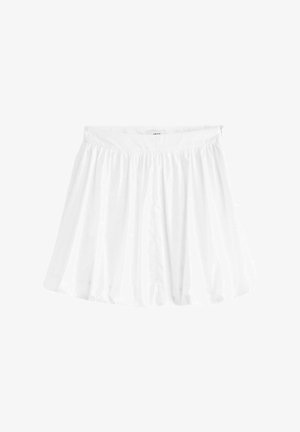 White, flared skirt made of lightweight fabric with an elastic waistband. Features a gathered design for volume and fluidity.