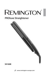 Svart Remington PROluxe plattång med släta, platta plattor, texturerat grepp och en flexibel sladd. Modell S9100B visas framträdande.