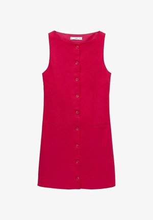 Rochie roșie din in, fără mâneci, cu decolteu rotund, închidere frontală cu nasturi și două buzunare laterale. Textură netedă, design până la genunchi.