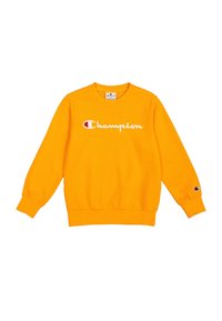 Felpa arancione con scollatura a girocollo e polsini a costina, caratterizzata dal logo bianco "Champion" sul petto e dal logo iconico sul maniche.