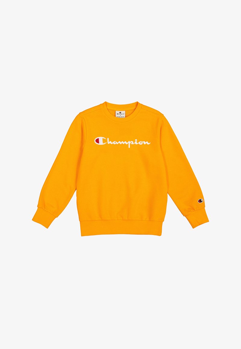 Sudadera naranja con cuello redondo y puños acanalados, con el logotipo blanco de "Champion" en el pecho y el logotipo icónico en la manga.