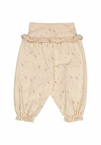 Jasnoróżowe bawełniane spodnie z falbaną w pasie i kwiatowym wzorem. Elastyczne mankiety przy kostkach. Miękka tekstura i luźny krój.