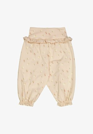 Light pink cotton pants with ruffled waistband and floral pattern. Elastic cuffs at the ankles. Soft texture and relaxed fit.