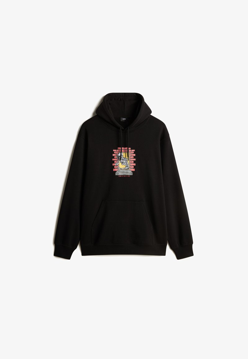 Sweatshirt à capuche noire en coton, avec un design graphique central agrémenté d'accents colorés et une poche kangourou à l'avant.
