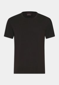 T-shirt nera a maniche corte in cotone con scollatura rotonda. Tessuto liscio e vestibilità classica, con un'etichetta con la scritta "Oscar Jacobson."