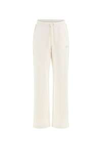 Pantaloni sportivi crema con vita regolabile, gambe ampie e dettagli laterali. Presentano un branding discreto e una texture morbida.