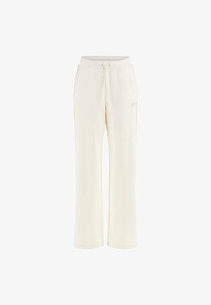Cremfarbene Sweatpants mit einem Kordelzugbund, weitem Bein und seitlichen Akzenten. Ausstattung mit dezentem Branding und einer weichen Textur.