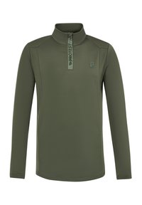 Olivgrüner Langarm-Pullover mit Viertelreißverschluss und hohem Kragen, aus strukturiertem Stoff und mit auffälligem Logo auf der Brust.