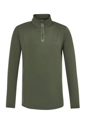 Pulóver de manga larga color verde oliva con media cremallera y cuello alto, que presenta una tela texturada y un logo destacado en el pecho.